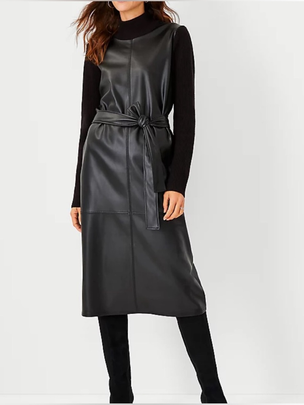 Ann Taylor SMALL Black Faux Leather Dress with Ribbed Mock Neck